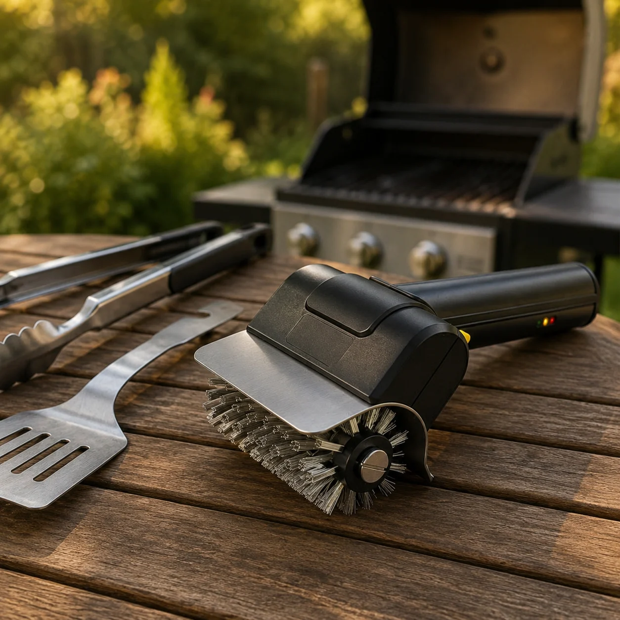 The BrushGrill electric brush beside a grill on a patio