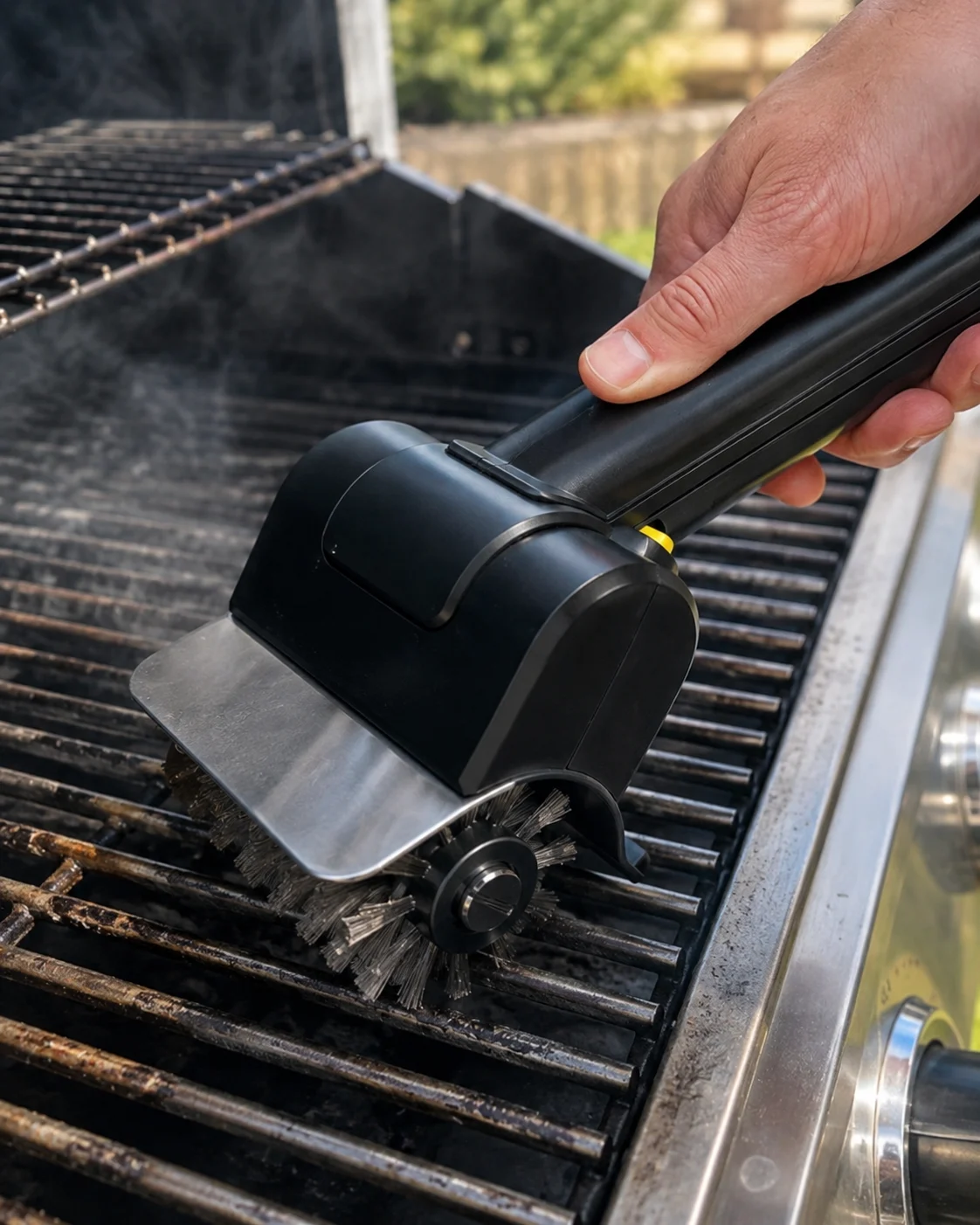 The BrushYourGrill R1 being drawn along a grill grate